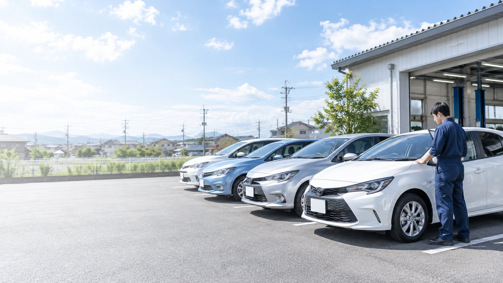 整備工場の屋外に並んだ乗用車