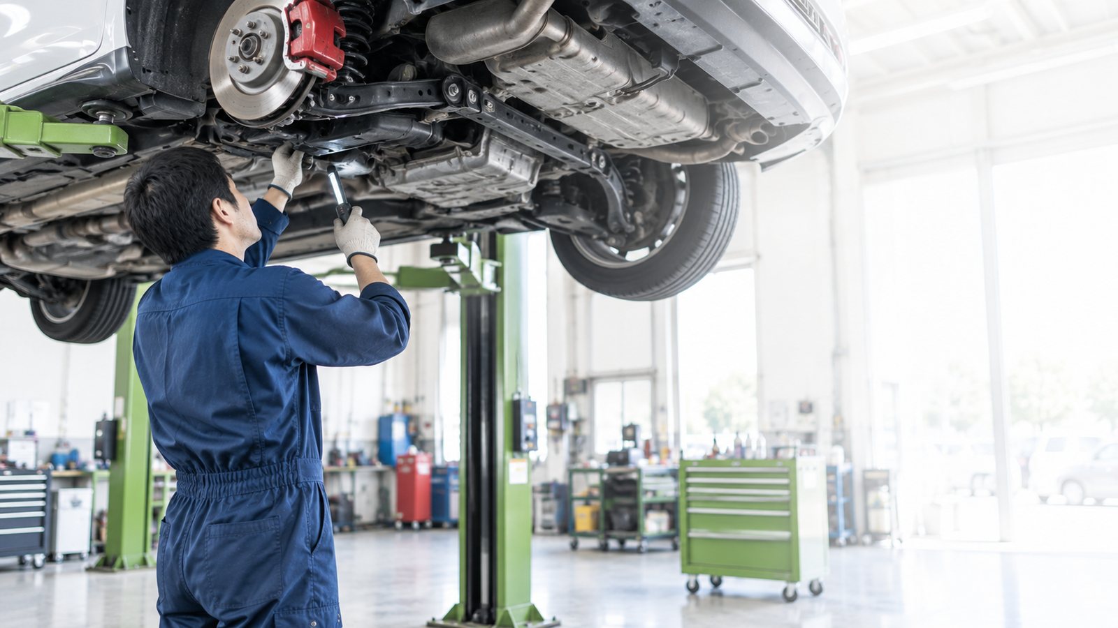 リフトで持ち上げた車の足回りをライトで照らして点検している整備士
