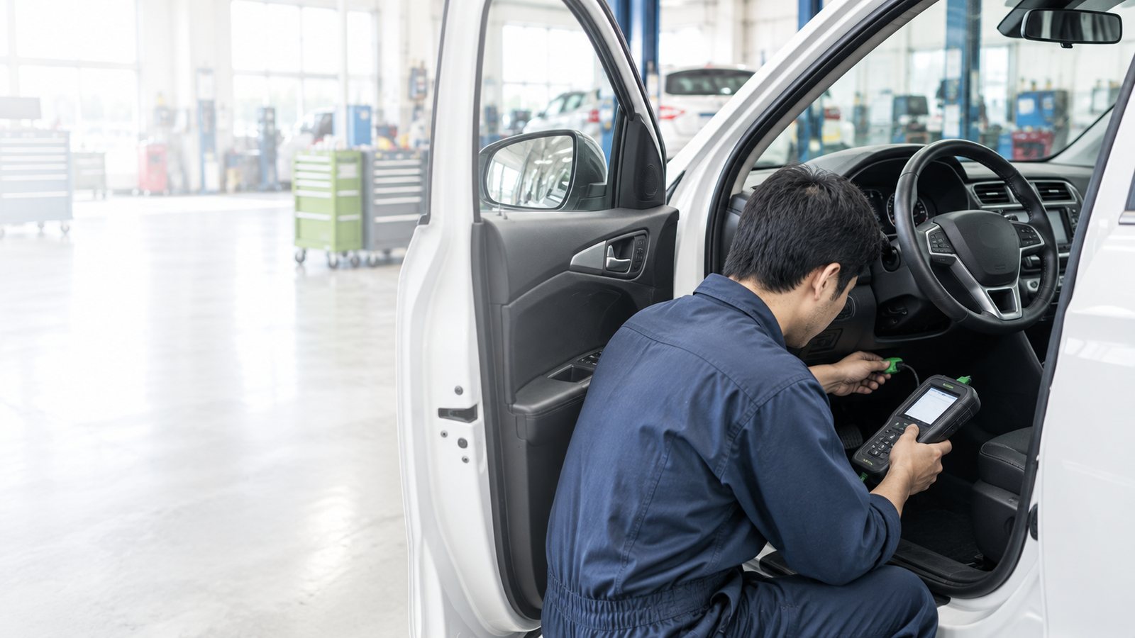 車内でOBD2コネクタに診断機のケーブルをつなごうとしている整備士