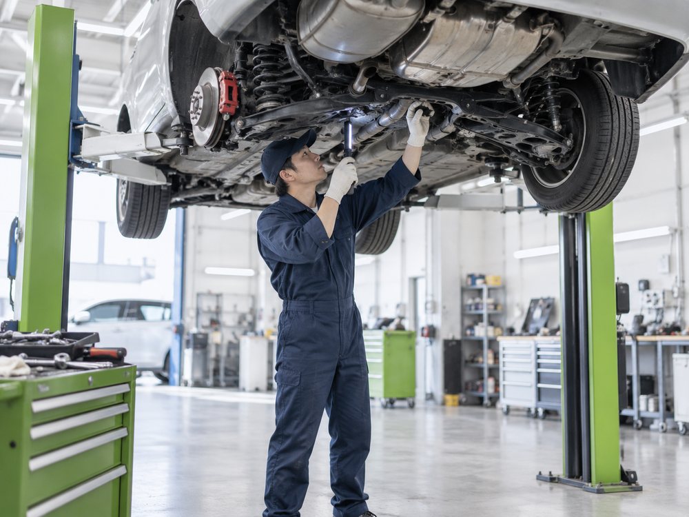リフトで持ち上げた車の足回りを点検する整備士