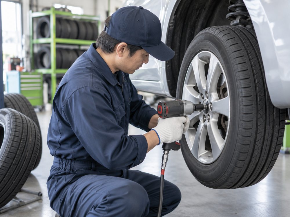 ジャッキアップした車のホイールナットを工具で締めている整備士の手元