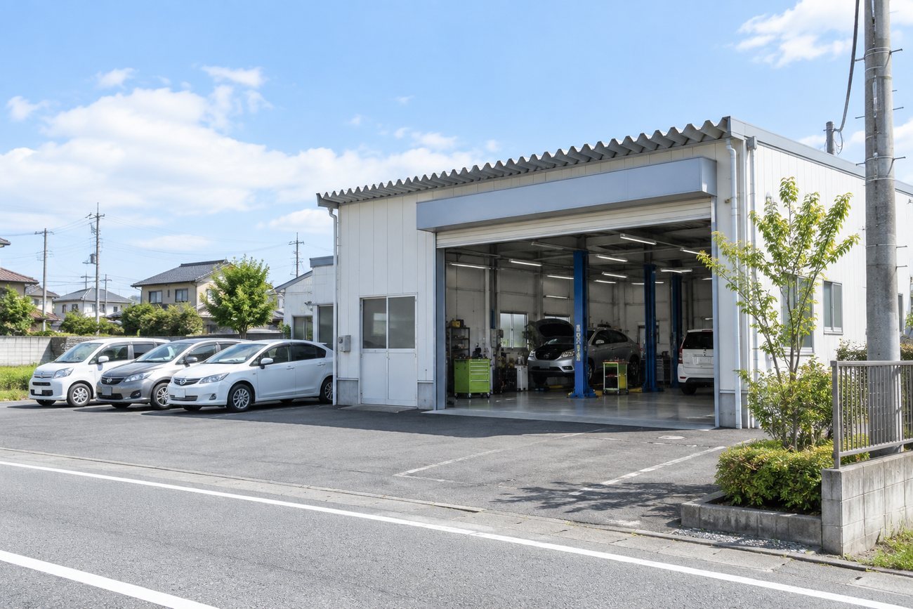 池田モータースの店舗外観のイメージ。平屋の整備工場とシャッター付きの作業場