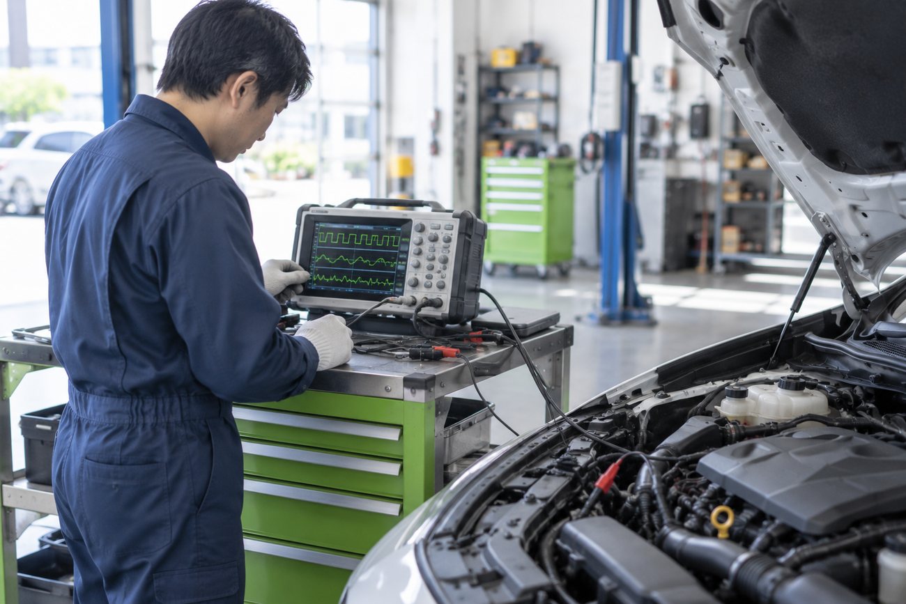 作業台に置いたオシロスコープの波形を見ながら作業する整備士